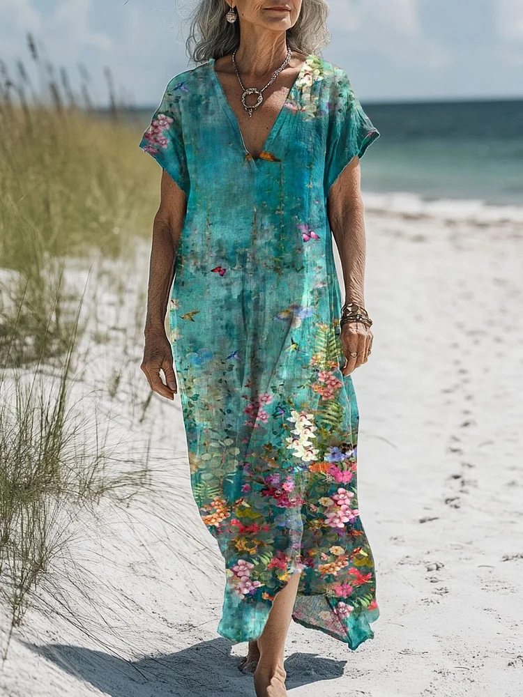 Women's  Floral  Art Print Pocket Cotton Dress