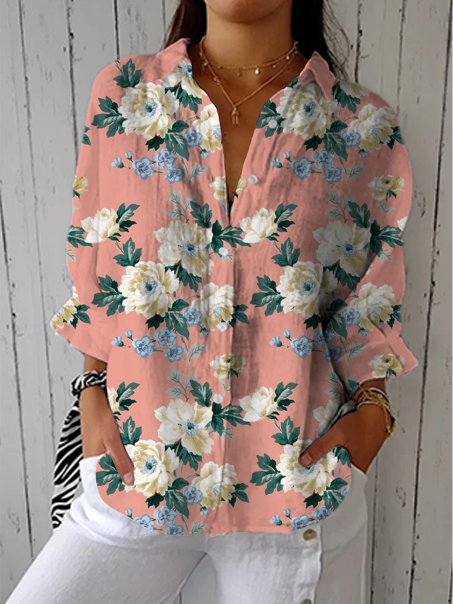 Women's Vintage Floral Art Print Casual Cotton Linen V-neck Shirt