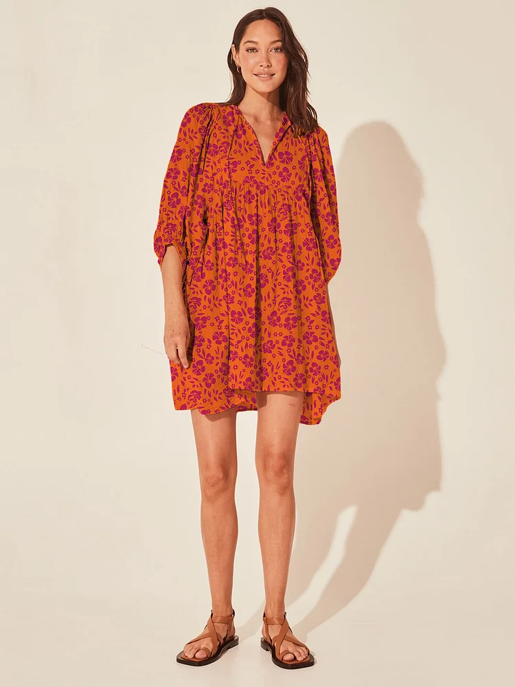 Orange Puff Sleeve Bow Knot Open Back Floral Mini Dress | 168DEAL
