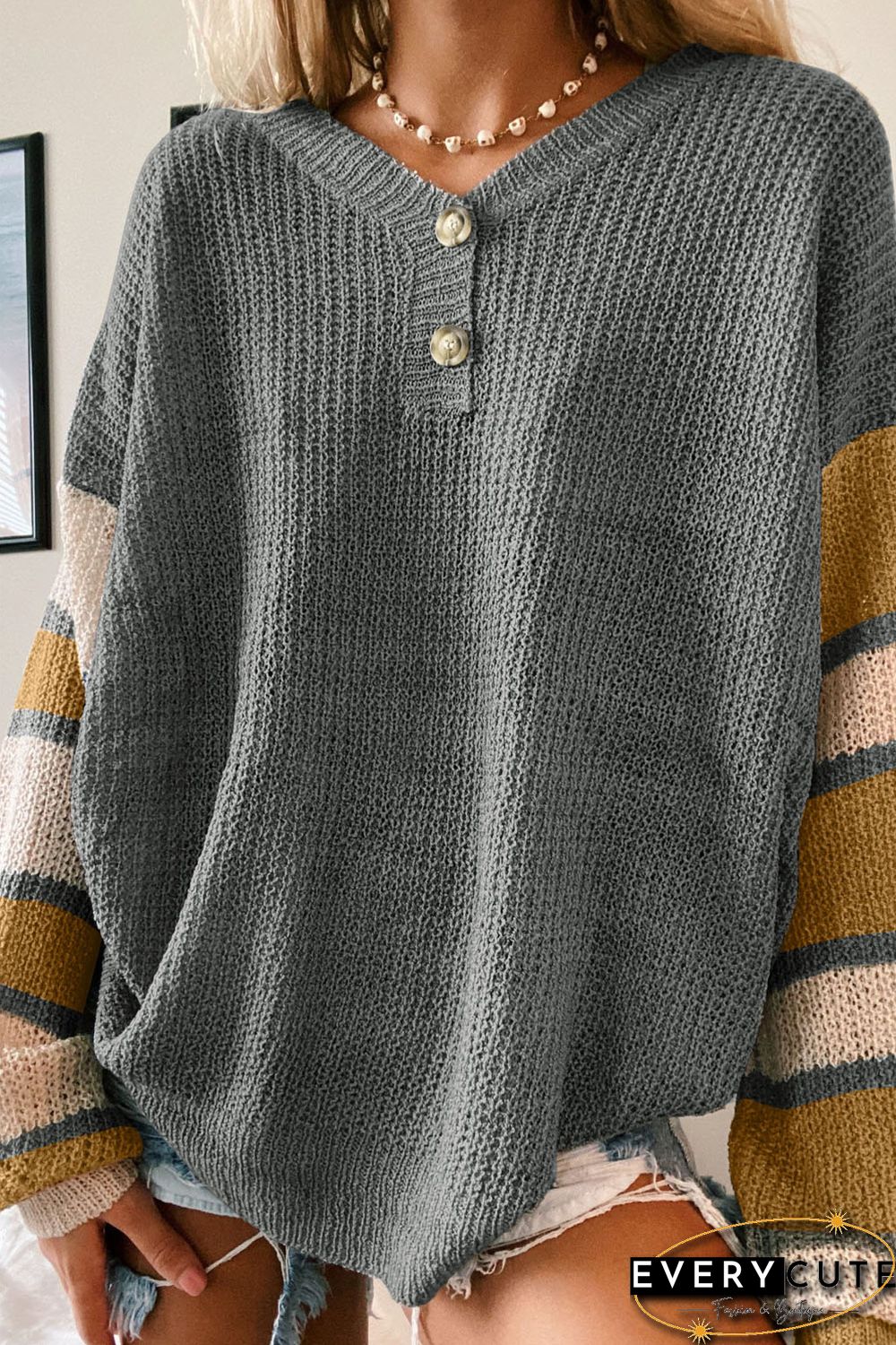 Gray Striped Raglan Sleeve Drop Shoulder Sweater