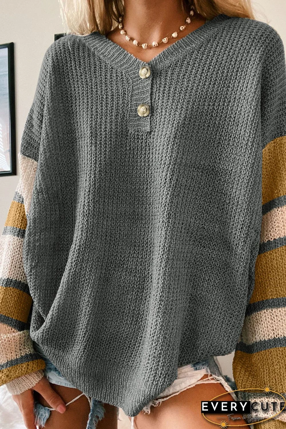 Gray Striped Raglan Sleeve Drop Shoulder Sweater