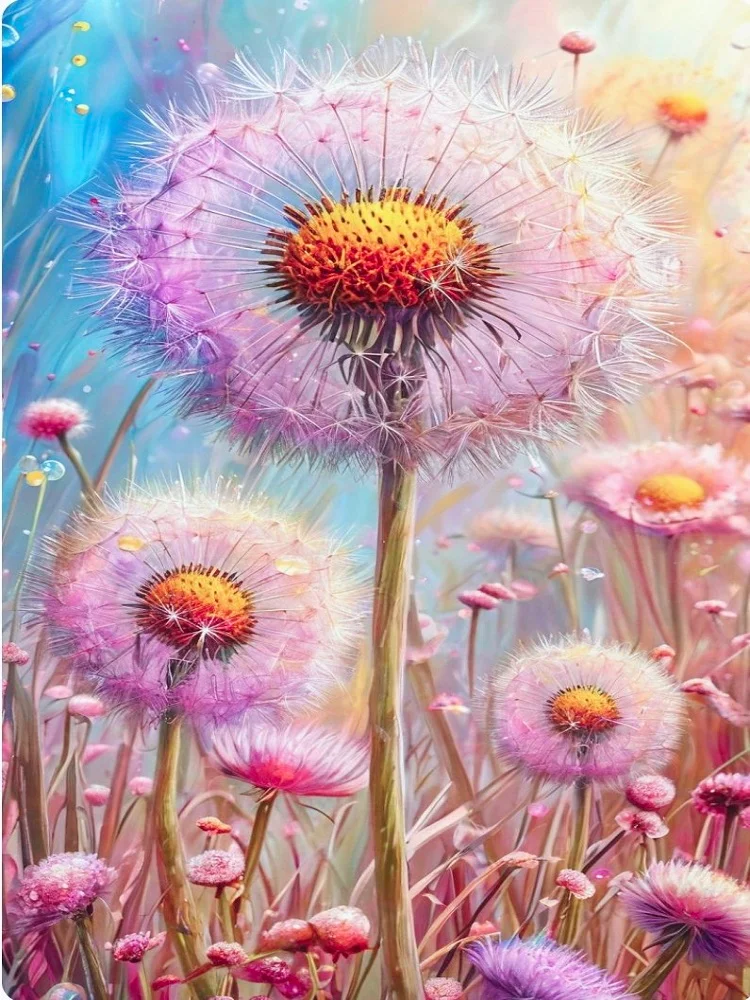 Diamond Painting - Full Round Drill - Pink Dandelions(Canvas|40*70cm)