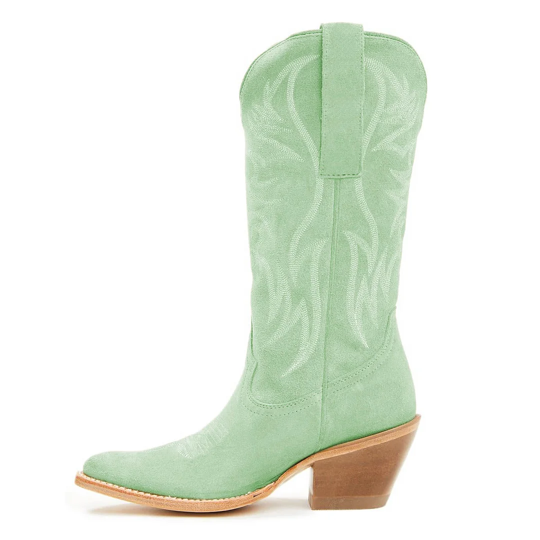 Light Green Vegan Suede Embroidered Cowgirl Boots with Pointed Toe