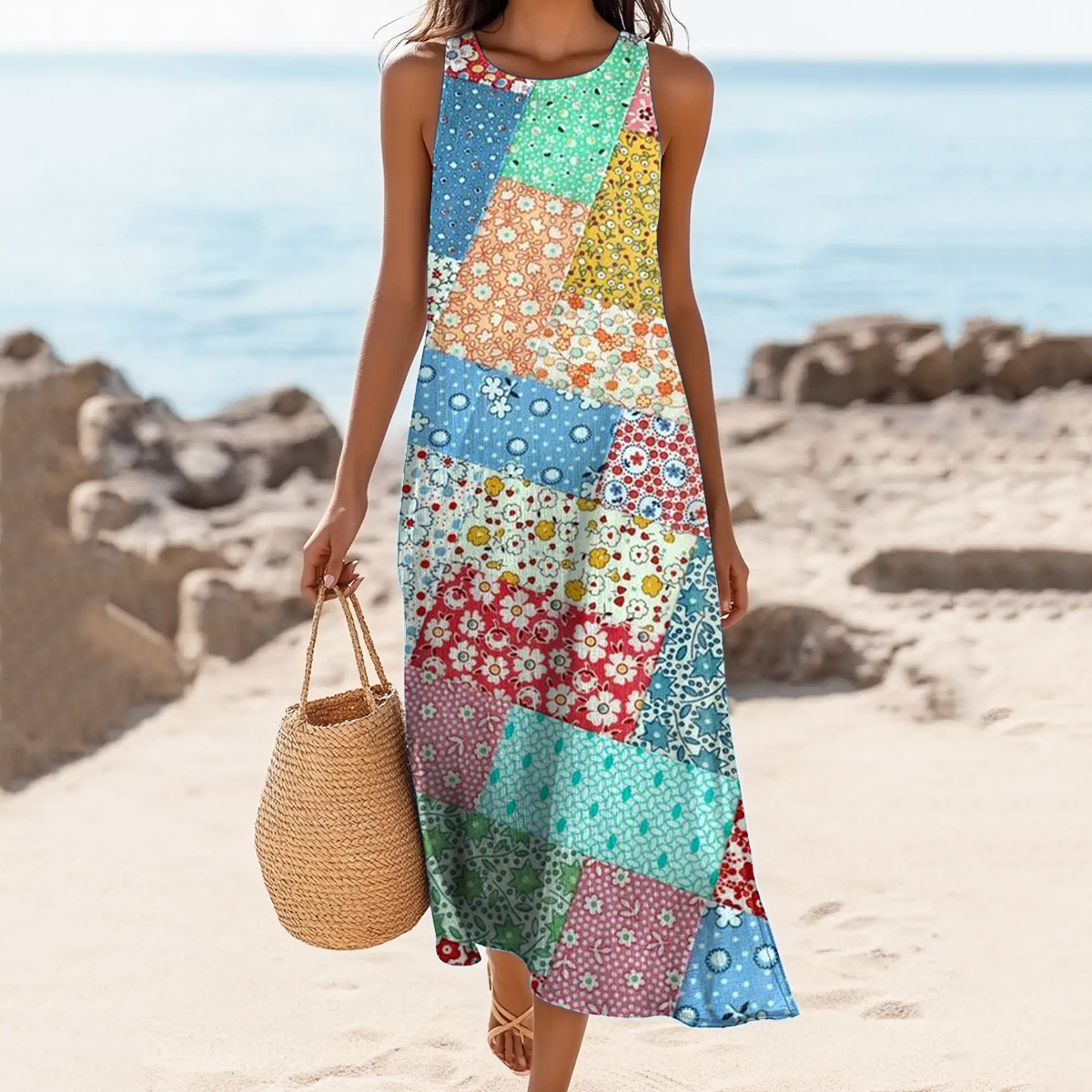 Comstylish Women's Vintage Floral Patchwork Art Print Sleeveless Dress