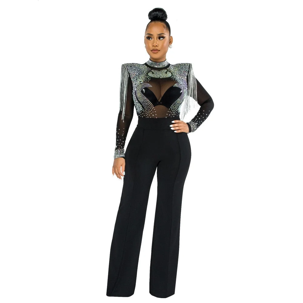 CM.YAYA Women Jumpsuit Solid High Collar Hot Drill Mesh Shoulder Cotton Long Sleeves Long Straight Jumpsuit Sexy Party Outfits