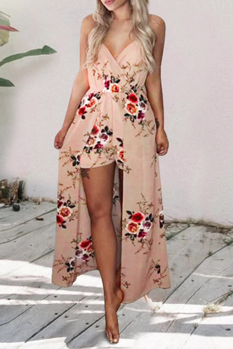 Fashion Print Patchwork Spaghetti Strap Straight Jumpsuits - Life is Beautiful for You - SheChoic