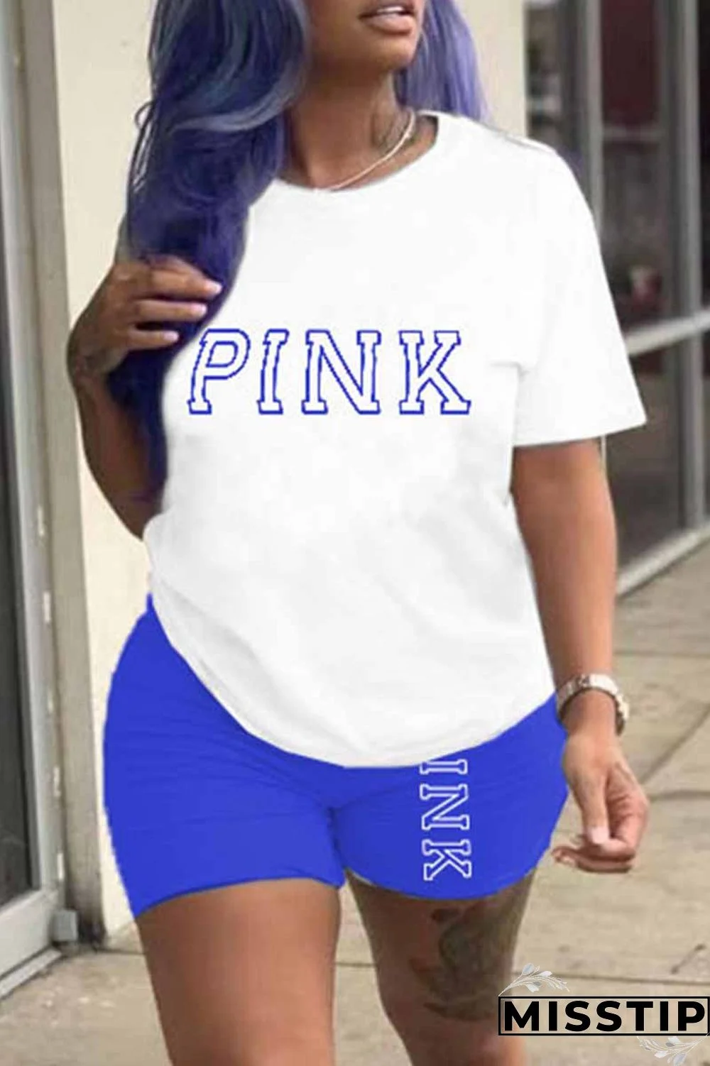 Black Casual Print Letter O Neck Short Sleeve Two Pieces