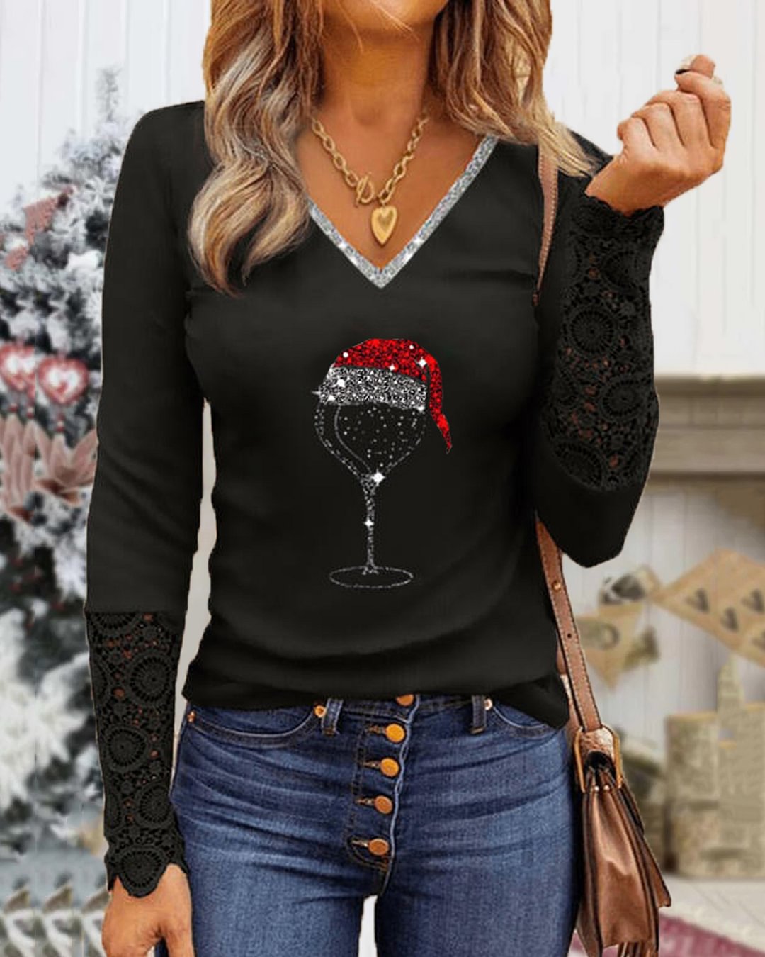 Yayoins Women V-Neck Lace Sleeve Wine Glass Print Sweatshirt