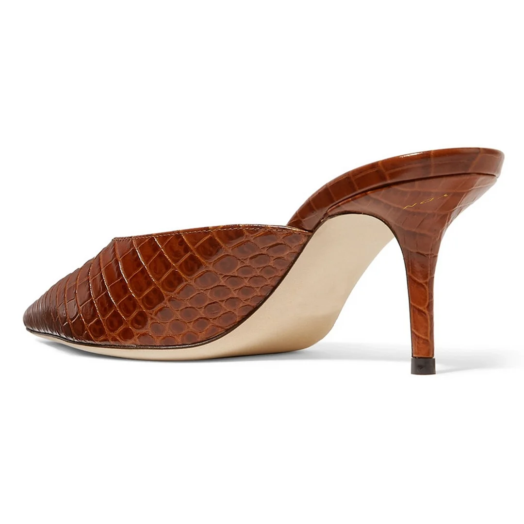 YDN Brown Pointed Toe Crocodile Embossed Stiletto Heeled Mules