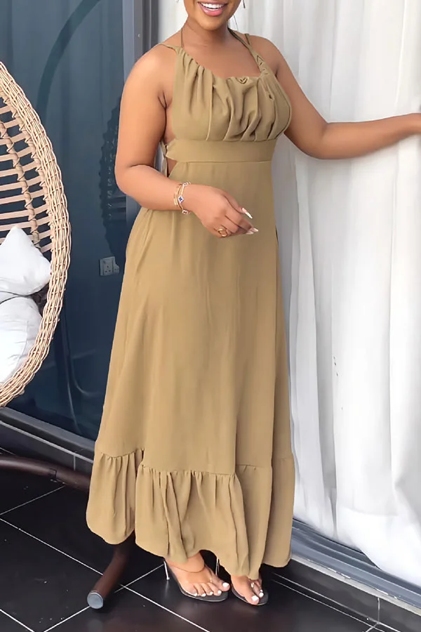 Solid Color Feminine Lace-Up Backless Ruffle Hem Maxi Dress