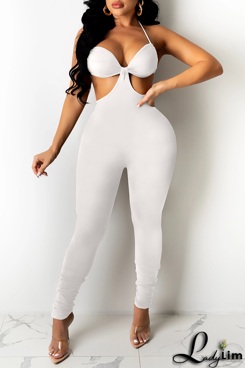 White Sexy Solid Patchwork Halter Skinny Jumpsuits