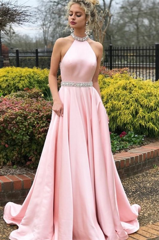 Luluslly High Neck Halter Pink Evening Dress Backless With Beads