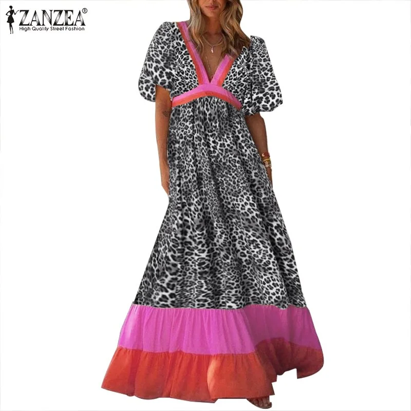 Jangj Leopard Print Women Dresses ZANZEA 2022 Summer Bohemian Patchwork Maxi Vestidos Casual Short Sleeve Ladies V-neck Oversized Robe