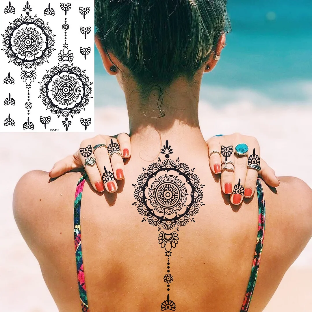 Sdrawing Lace Fingers Henna Mandala Temporary Tattoos For Women Adult Butterfly Pendant Fake Tattoo Sticker Body Art Tatoo
