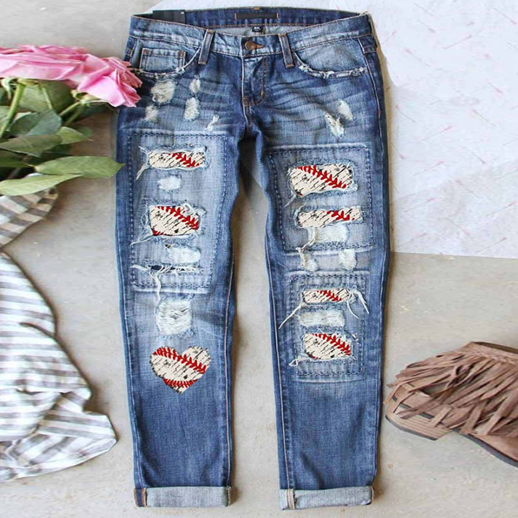 Ripped Panel Heart Baseball Straight Jeans wearshes