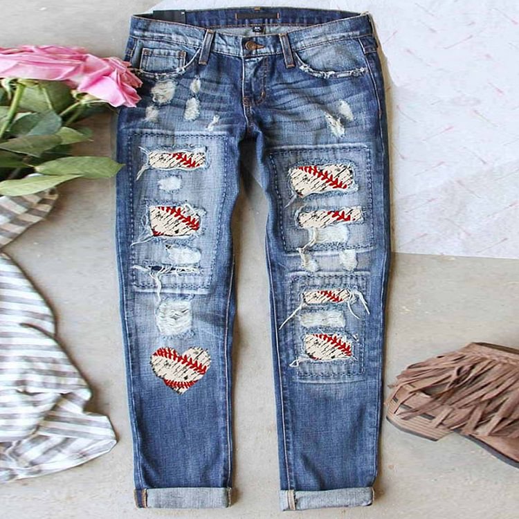 Comstylish Ripped Panel Heart Baseball Straight Jeans