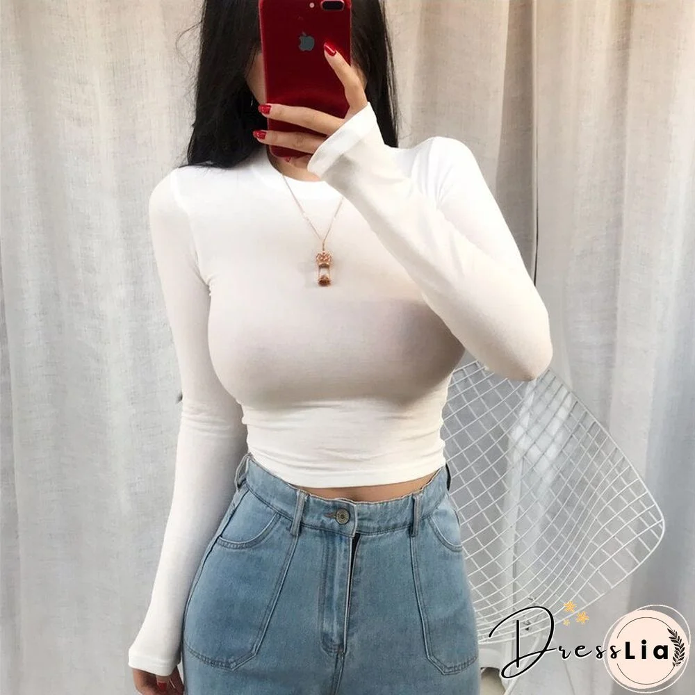 O Neck White Crop Top Women Summer Casual T Shirt Basic Sexy Streetwear Slim Sexy Black Long Sleeve Tops