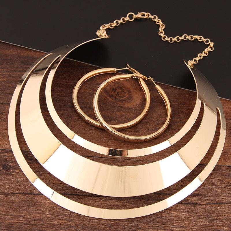 Trendy Gold Necklace Round Earrings Sets Women Statement Jewelry