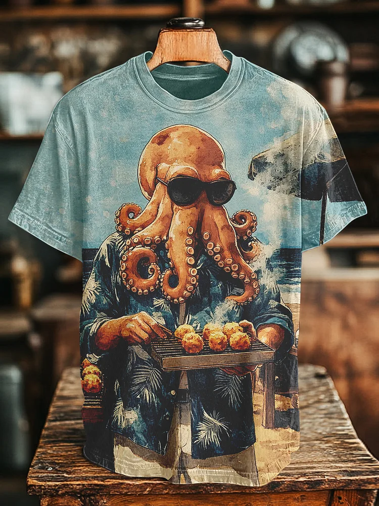 Men's Octopus Grilling Octopus Balls Art Print T-Shirt