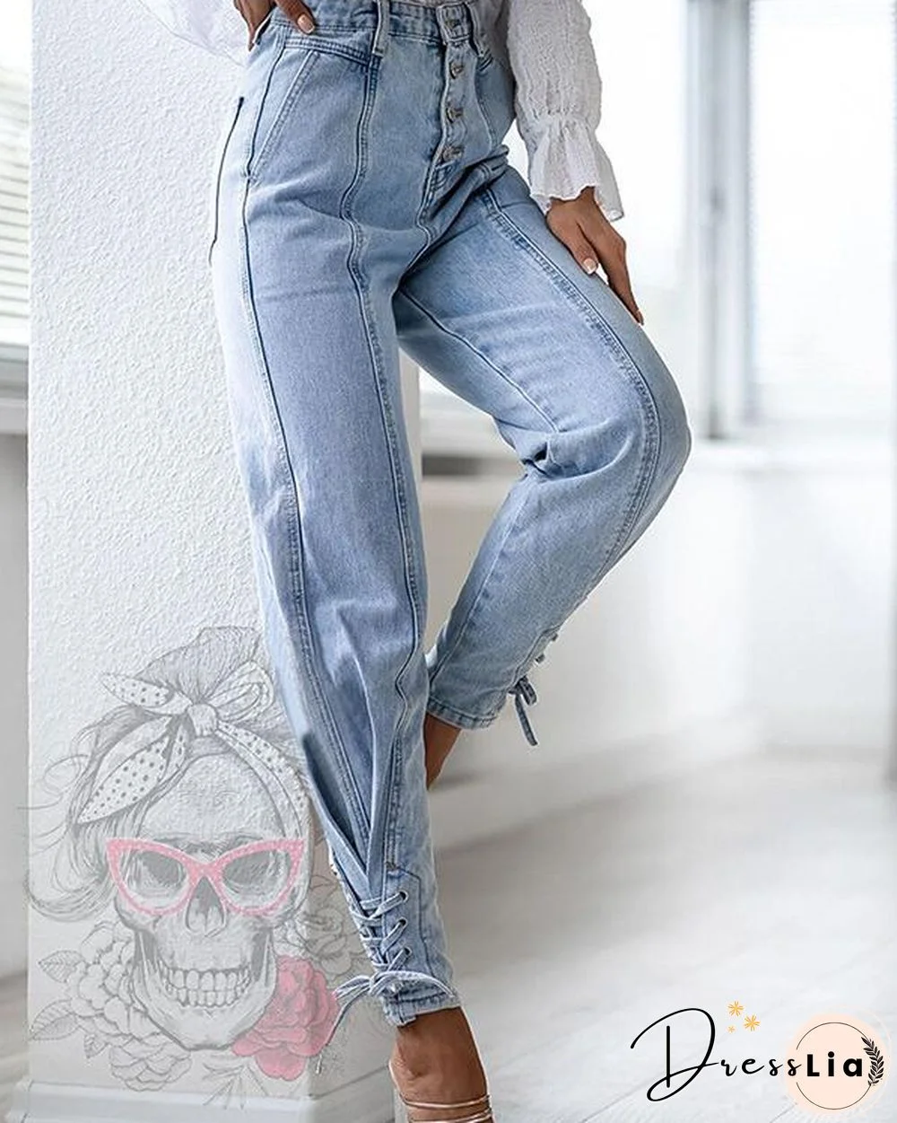 High-waisted Slim Stitching Beam Jeans