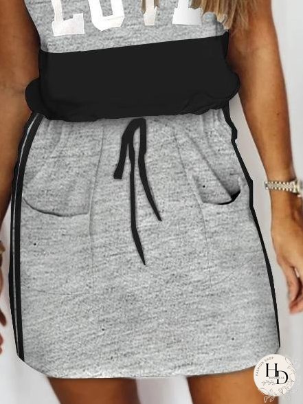 Casual Lace-up Letter Print Drawstring Dress for Women