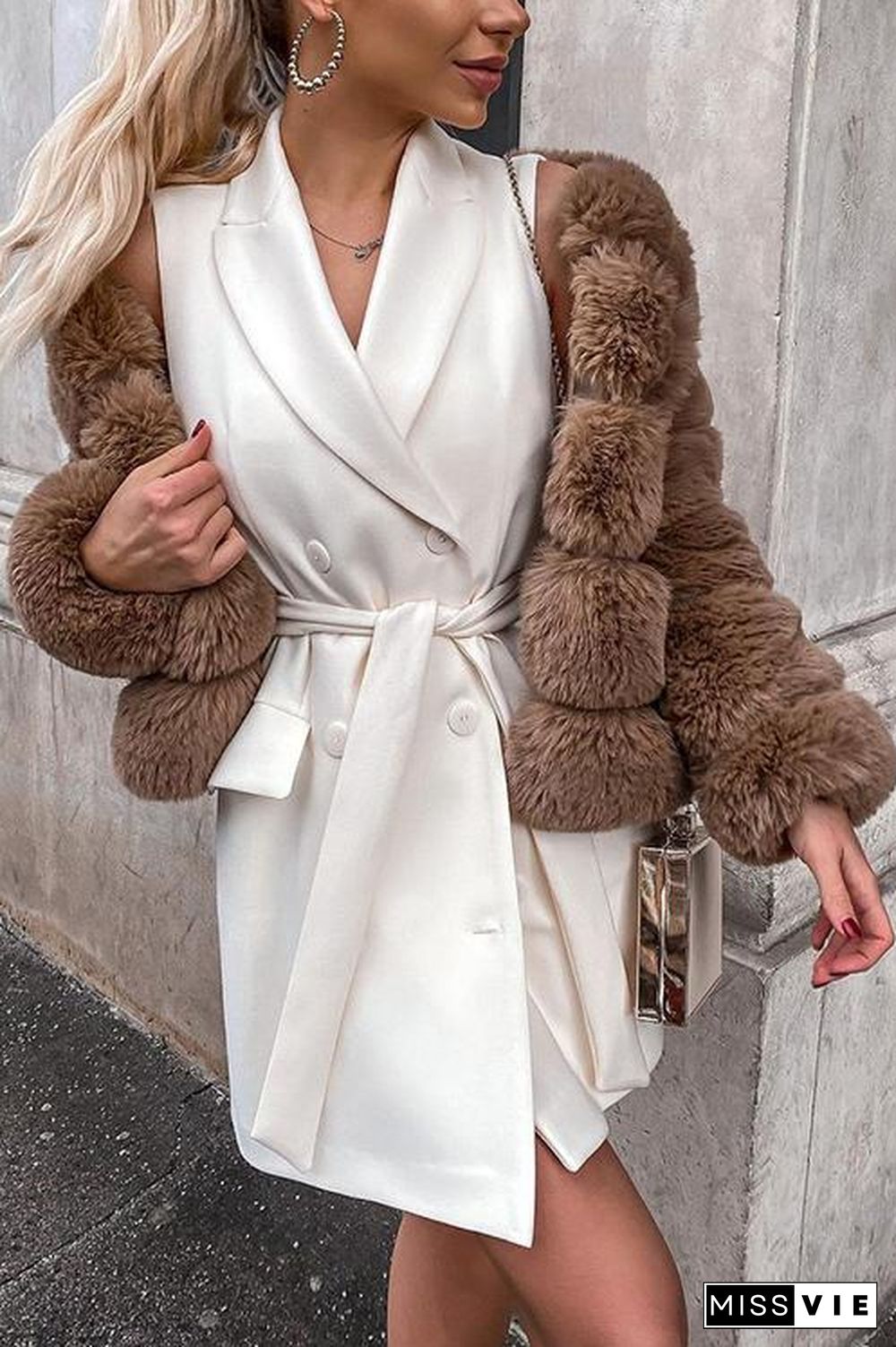 Layer O Neck Faux Fur Coat