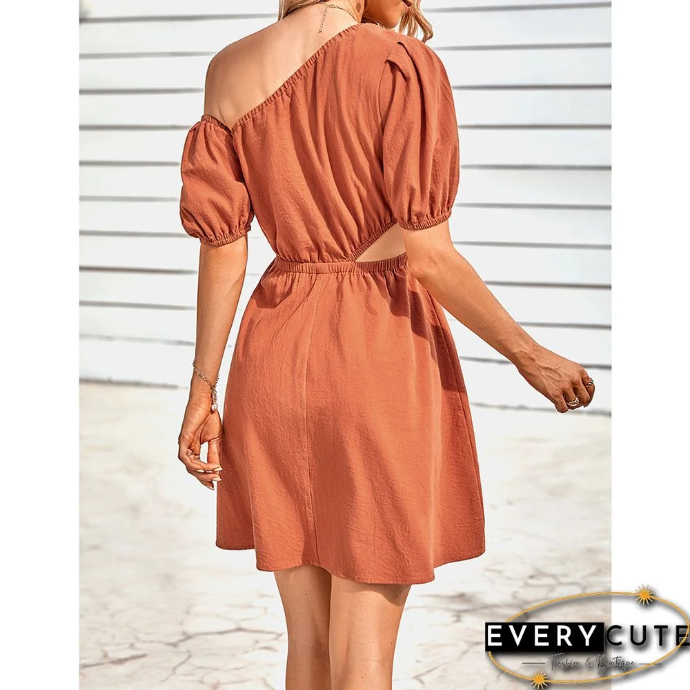 Rust Red Cut-out One Shoulder Casual Dress
