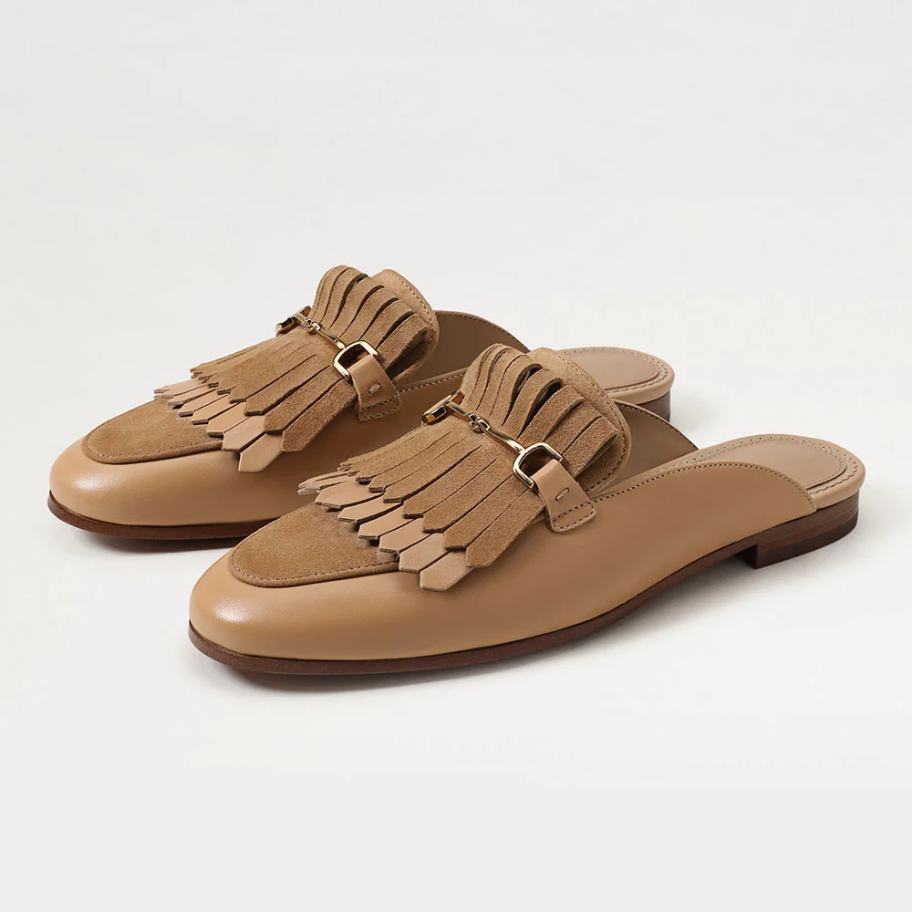 Tan Round Toe Flat Layered Fringe Casual Snaffle Buckle Mules Shoes