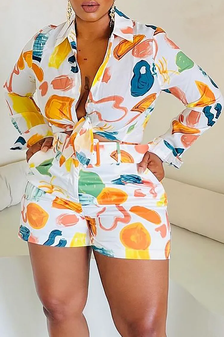 Plus Size Daily Multicolor All Over Print Shirt Collar Long Sleeve Cotton Two Piece Short Sets 