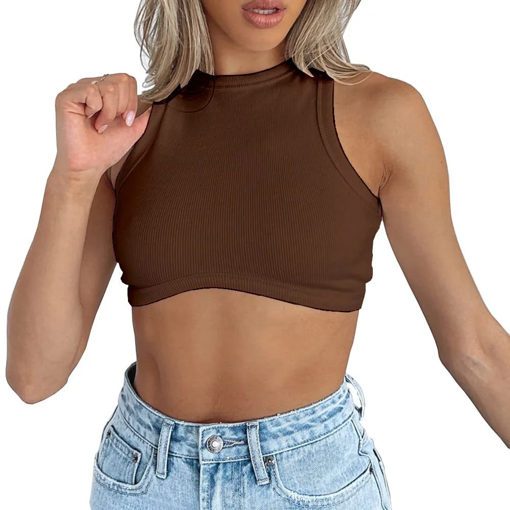 Uveng Uveng Women's New Women's Sexy Sleeveless Round Neck Rib Knit Vest Crop Top