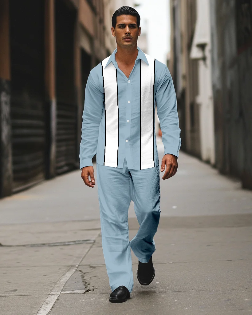 Men's Striped Printed Long Sleeve Shirt Walking Suit 602