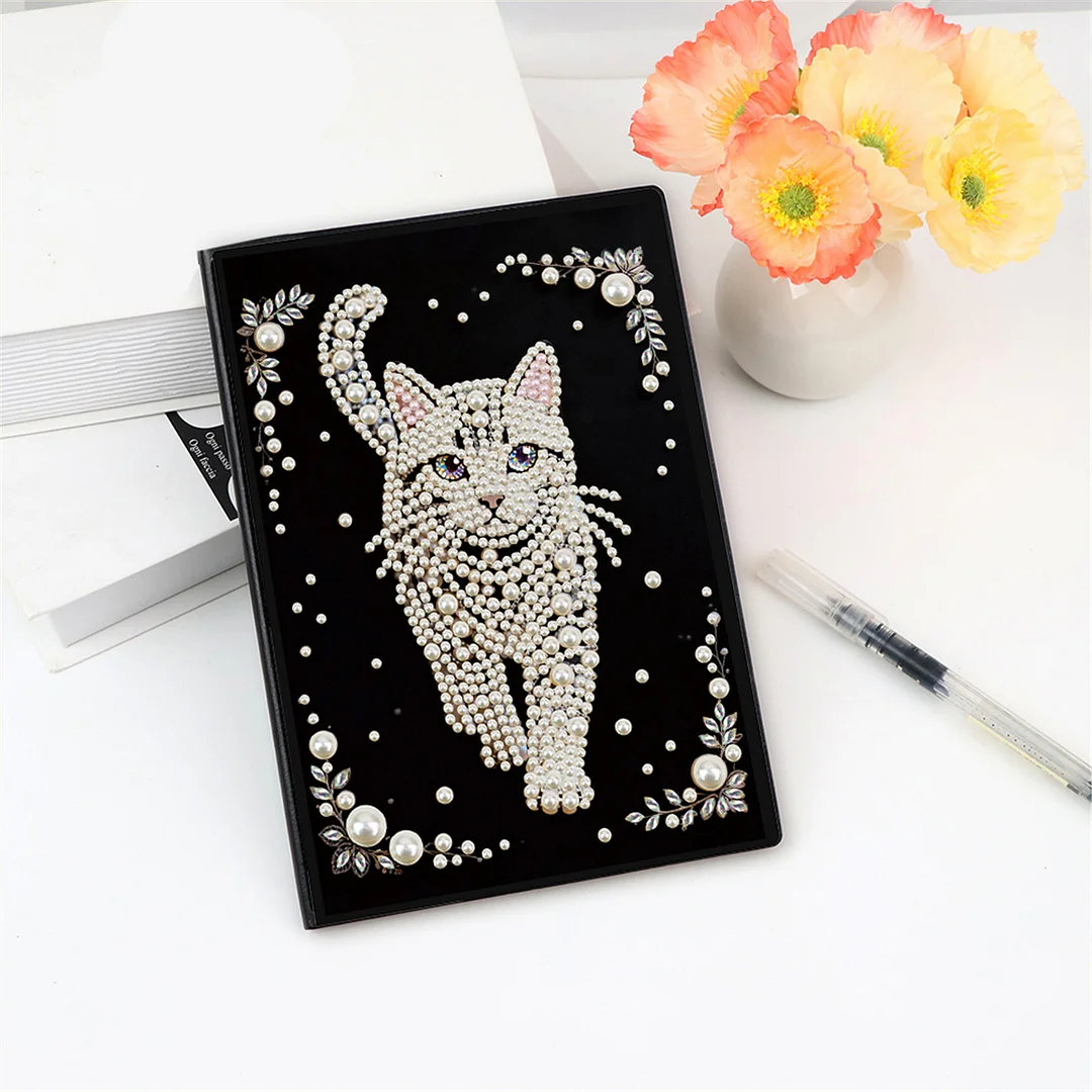 Cat Partial Pearl DIY 50 Pages A5 Diamond Painting Notebook Special Shaped Diamond Art Diary Book Kits Wireless Strip 5D Crystal Art Paintings Sketchbook for Art Drawing
