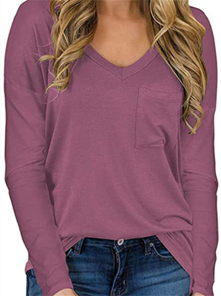 Women's Pockets Solid Color V-Neck Long Sleeve Top