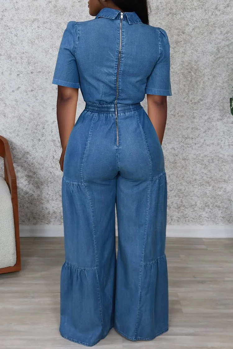 Plus Size Business Casual Blue Casual Wrap Neck Short Sleeve Pocket Pull-On Waist Tencel Denim Jumpsuits [Pre-Order]