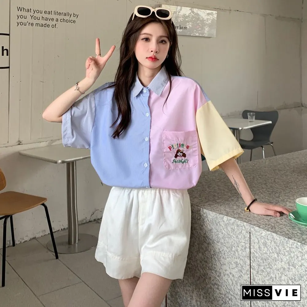 Vintage Colorblock Embroidery Pocket T-Shirt