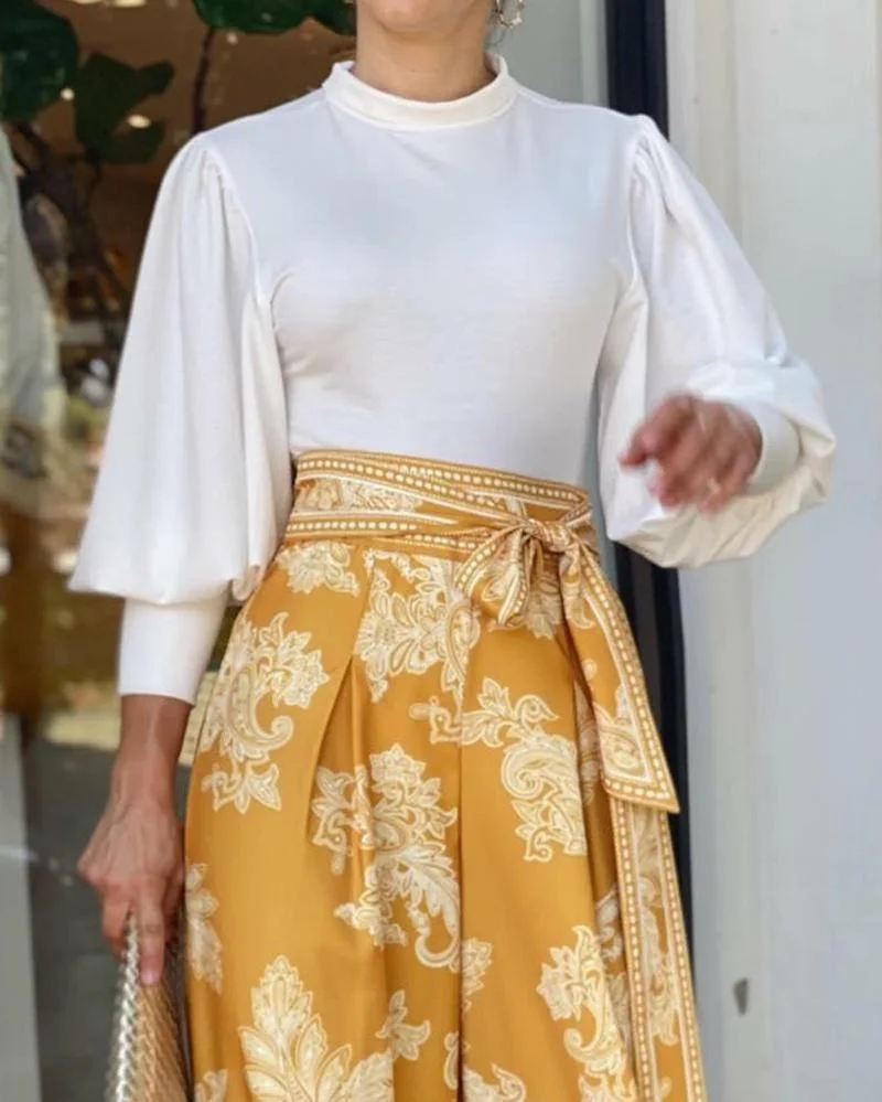 Long-Sleeve Balloon Sleeve Top & Printed Wide-Leg Pants Two-Piece Set