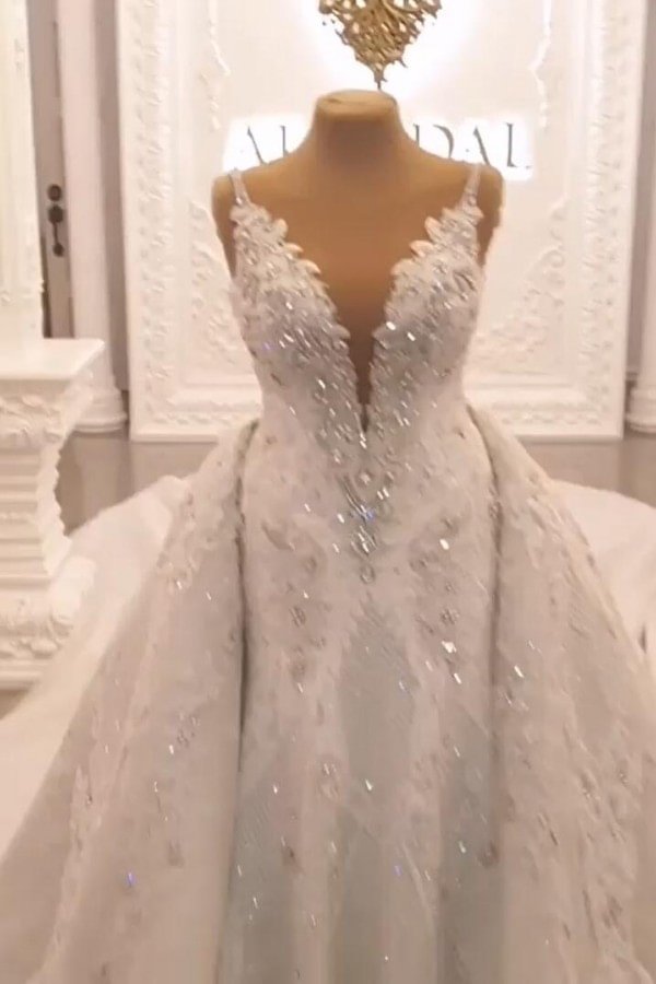 Elegant Spaghetti-Straps A-line Backless Sweetheart Wedding Dress With Appliques Lace | Ballbellas Ballbellas