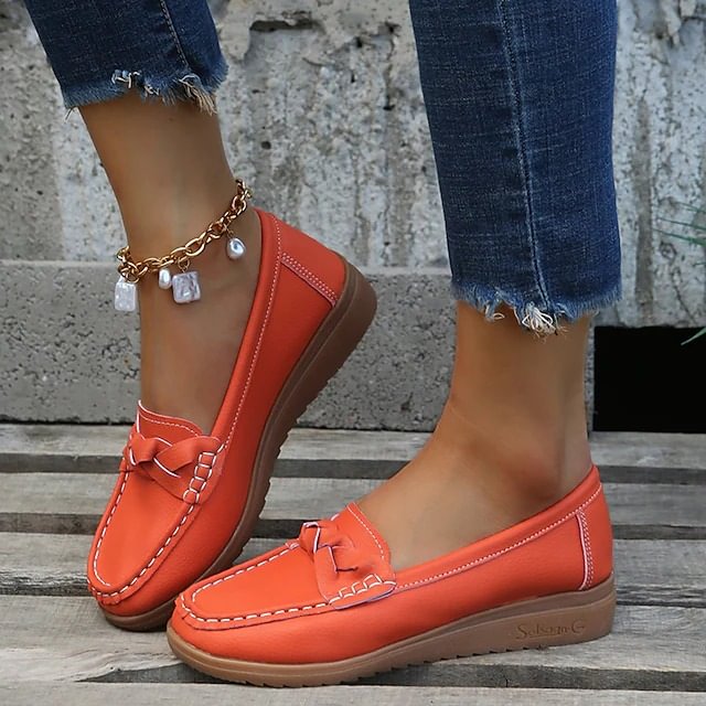 Women's Slip-Ons Wedge Heel Round Toe Casual Leather Loafer Fall Spring Solid