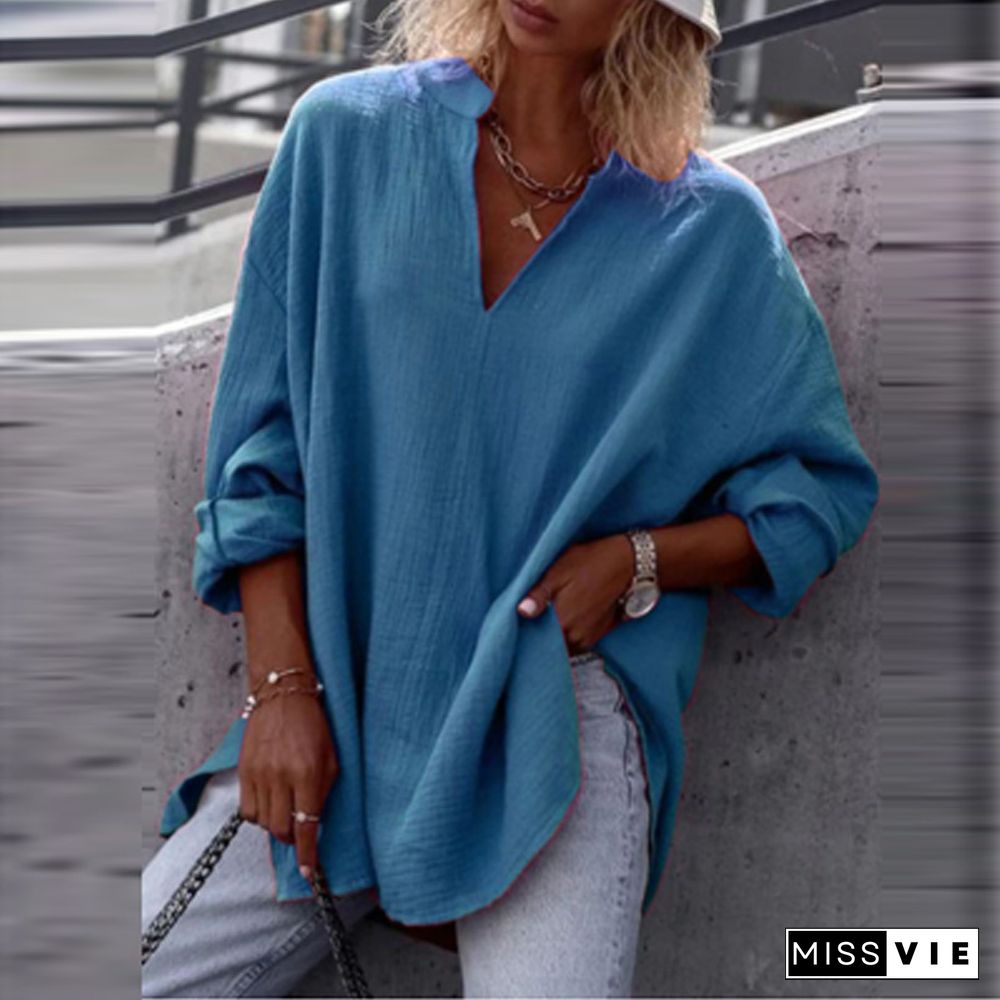 Women Autumn Casual Long Sleeve V-Neck Blouse Solid Color Loose Pullover Top Ladies Commuter Fashion Simple All-match Shirt