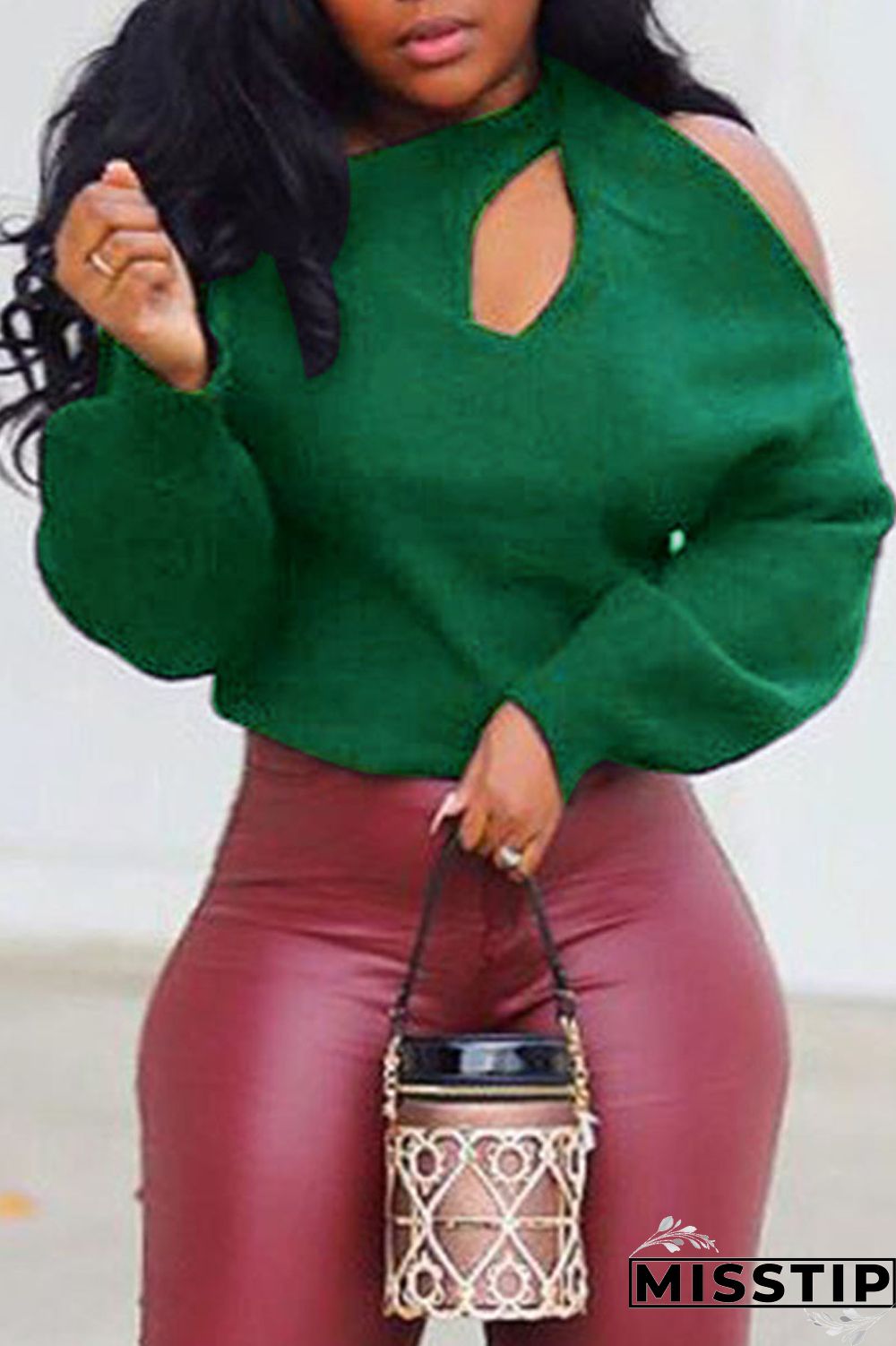 Green Casual Solid Hollowed Out Patchwork Halter Tops