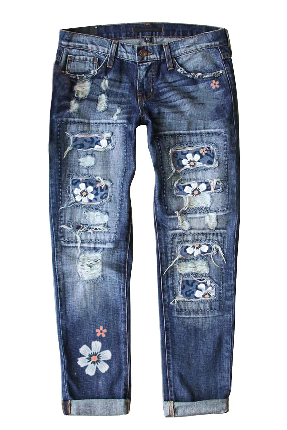 Sky Blue Floral Leopard Print Patchwork Distressed High Waist Jeans