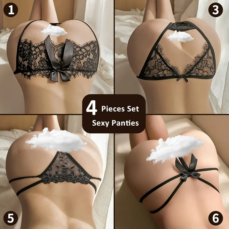 16 Types Of Porno Open Crotch Sexy Panties Lace See Through String Briefs 4 Pcs Set Cute Bow Knot Thong Sex Underwear For Women
