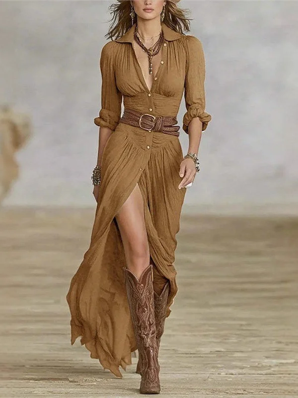 Athvotar Athvotar Women's Spring And Autumn Sexy Solid Color Irregular Folding Waist Collar Dress With Belt