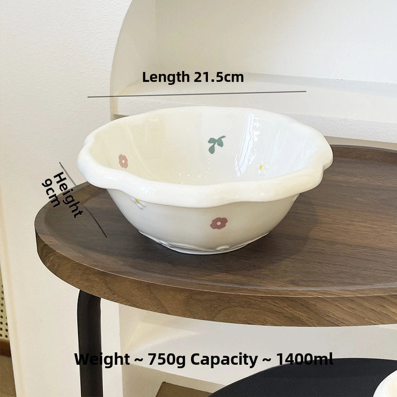 Embossed Fruit Air Cake Plate Household Ceramic Tableware Rice Bowl Disc Deep Plate Cream Color Cute High Face