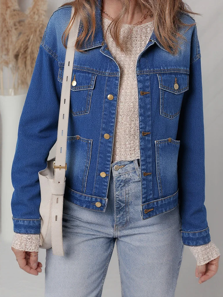 Women's Spring Lapel Single Breasted Pocket Denim Jacket