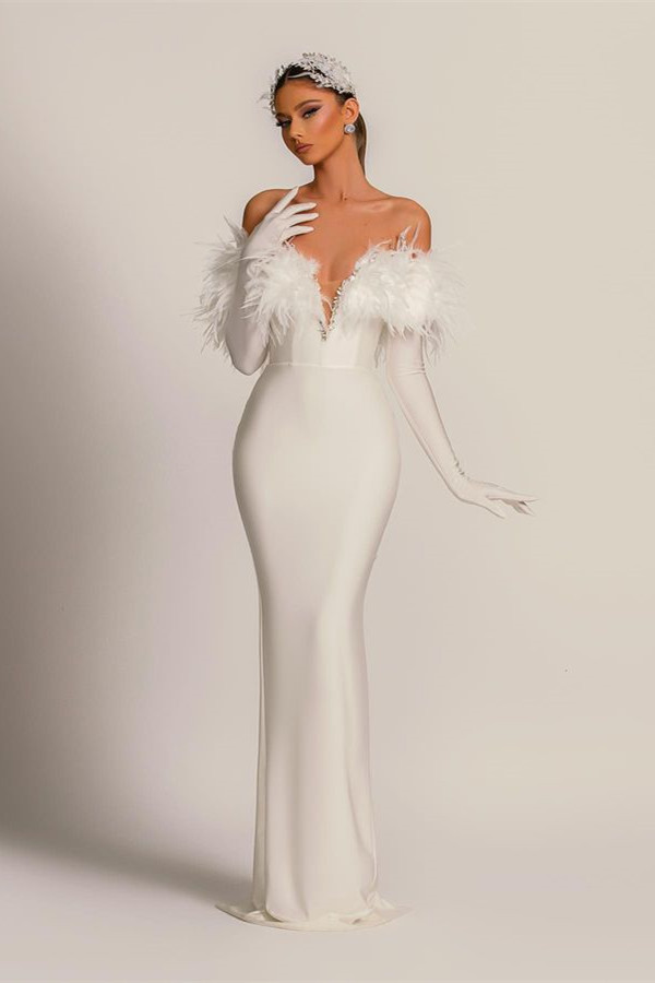 Bellasprom White V-Neck Mermaid Evening Dress Long Sleeves With Feather Bellasprom