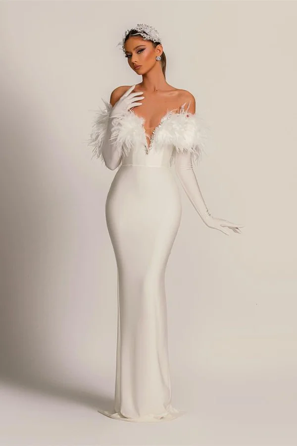 Bellasprom White V-Neck Mermaid Evening Dress Long Sleeves With Feather