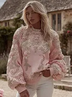 Women's Pink Floral Embroidery Art Crew Neck Casual Sweatshirt