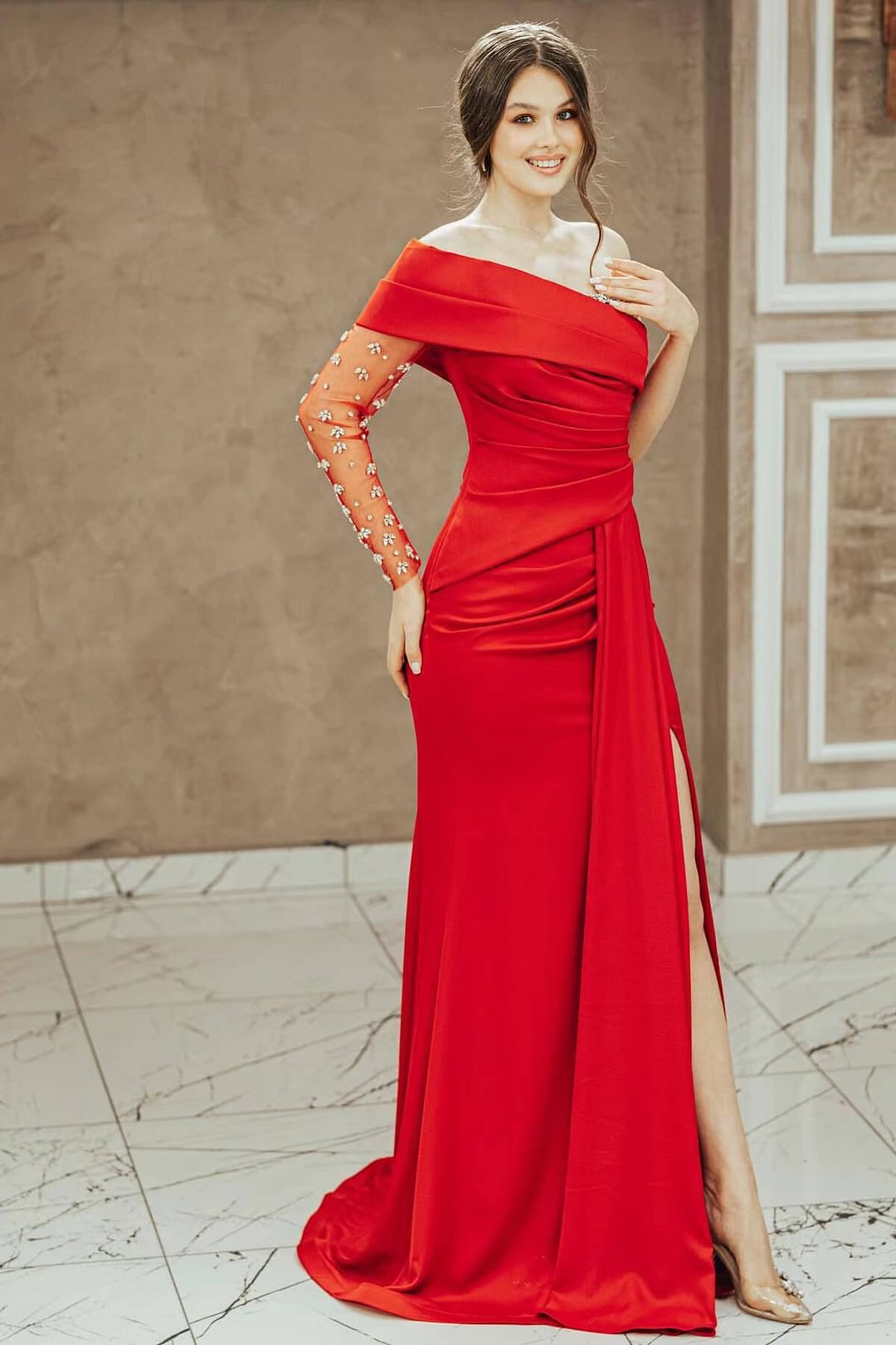 Red Split Mermaid One Shoulder Prom Dress Beadings With Long Sleeves | Ballbellas Ballbellas
