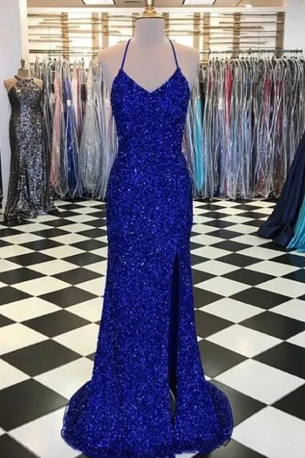 Luluslly Royal BlueV-Neck Halter Prom Dress Mermaid Sequins Party Gowns